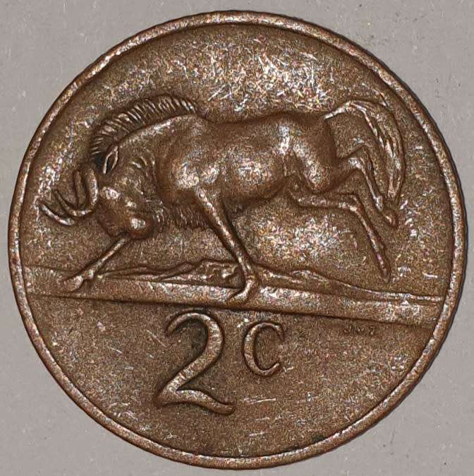1973 - 2 CENT COIN (TWO CENT COIN) - RSA - BRONZE - KM#83 - BILINGUAL LEGEND - WILDEBEEST